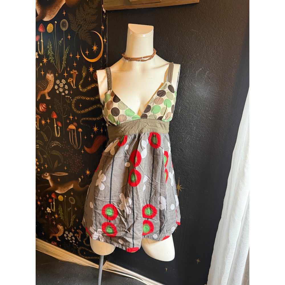 Seduction Boho Empire Waist Mini Dress Polka Dot Floral Grey Green Red Small